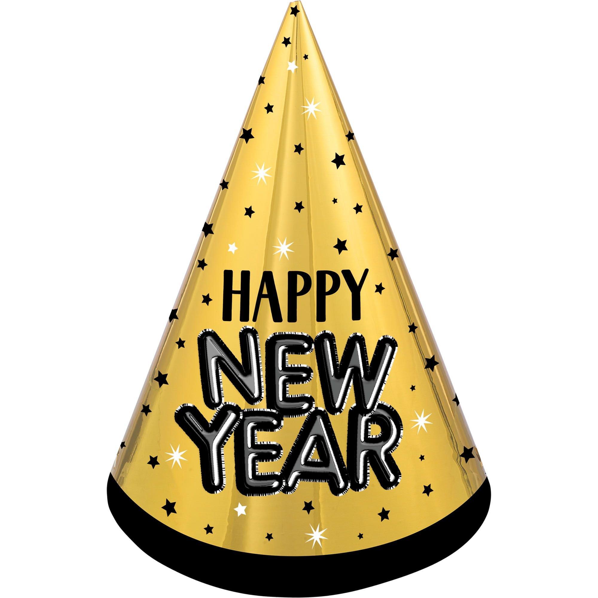 Black, Gold & Silver Happy New Year Cardstock Party Hat, 9in