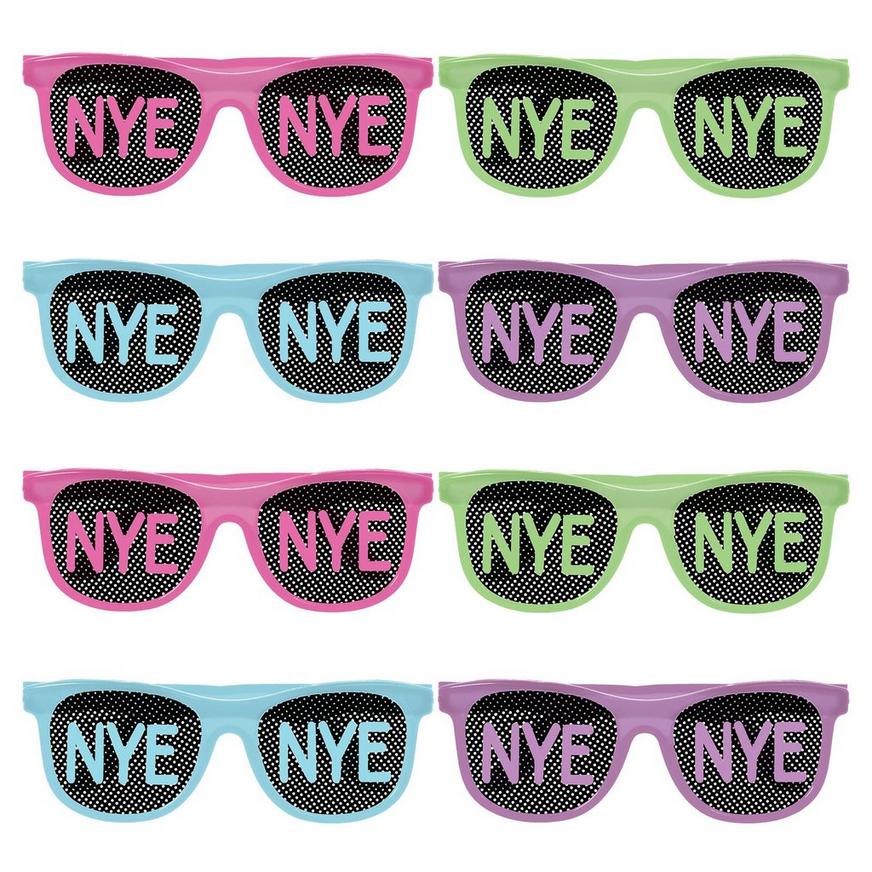 Glow-in-the-Dark New Year's Printed Plastic Sunglasses, 5.75in x 2in, 8ct