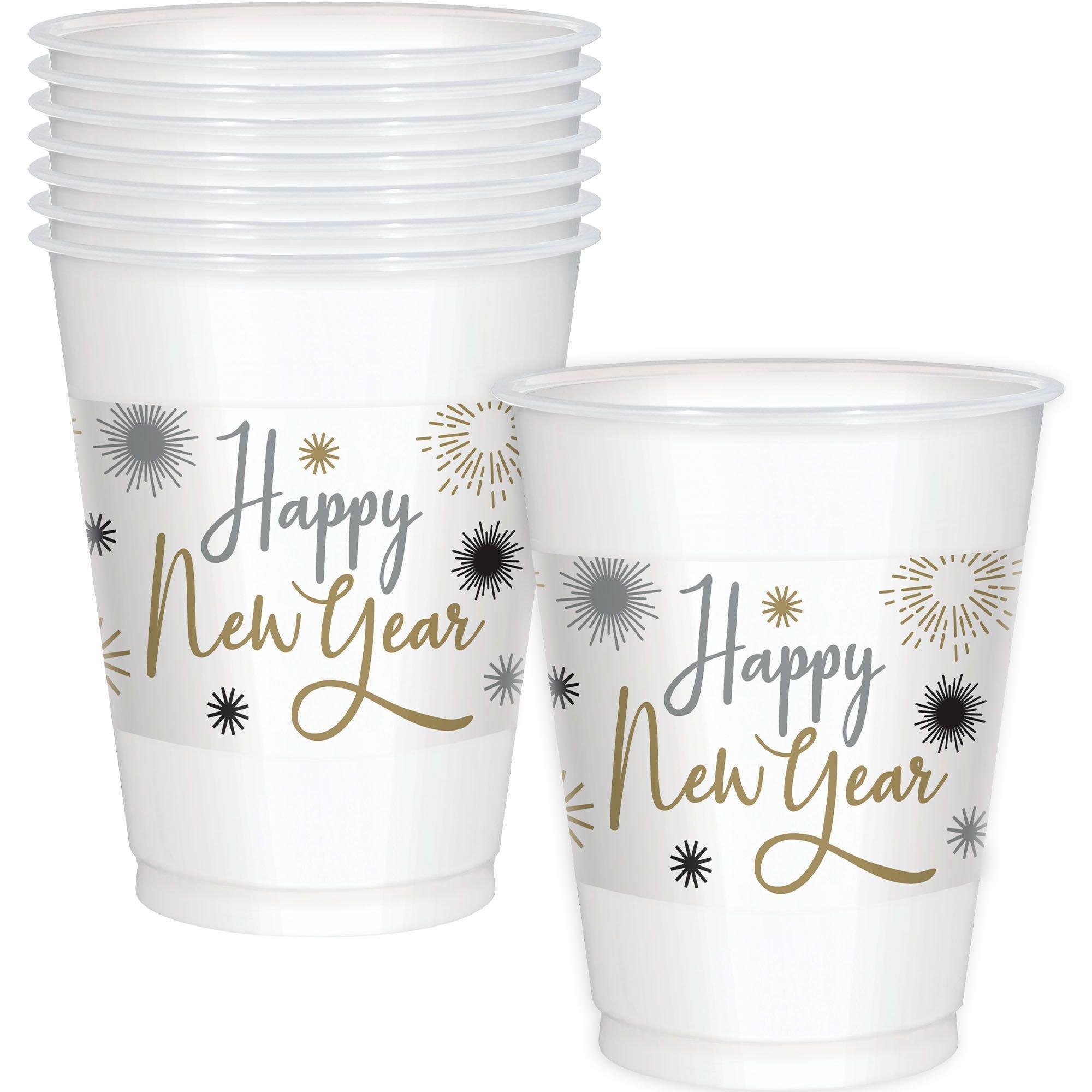 Happy New Year Party Cups, Reusable Plastic NYE Party Supplies (Black, 16 oz,  24 Pack)