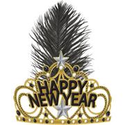 Black, Gold & Silver New Year's Feather & Plastic Tiara, 7in
