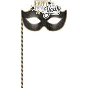 Glitter Black, Silver & Gold Happy New Year Masquerade Mask on a Stick