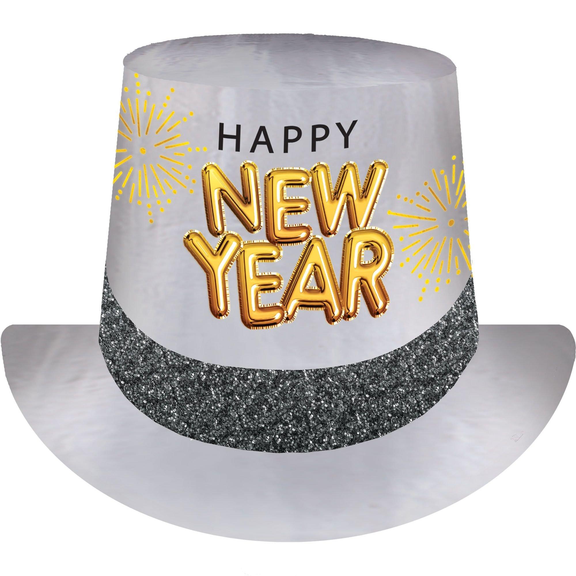 Glitter Silver Happy New Year Cardstock Top Hat, 5in