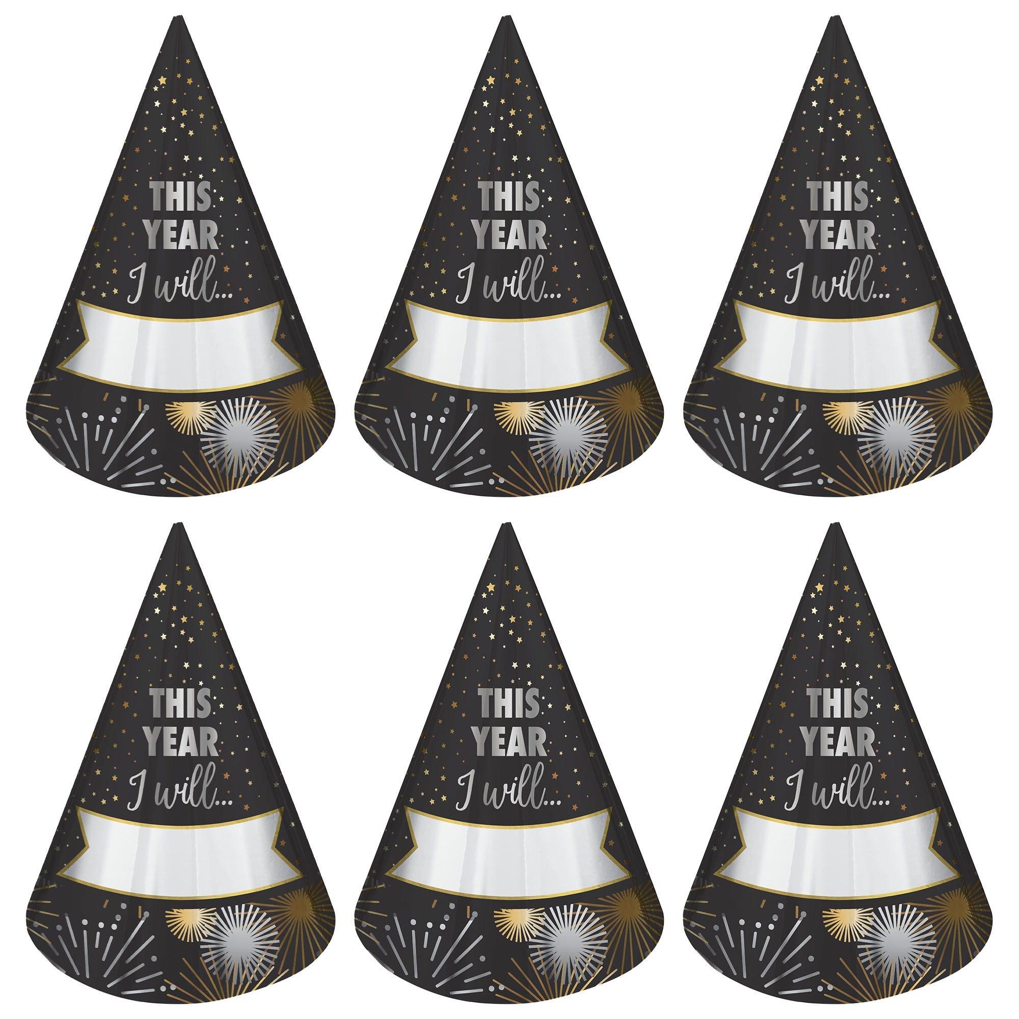 Black, Silver & Gold Fill-In New Year's Resolution Party Hats, 8ct