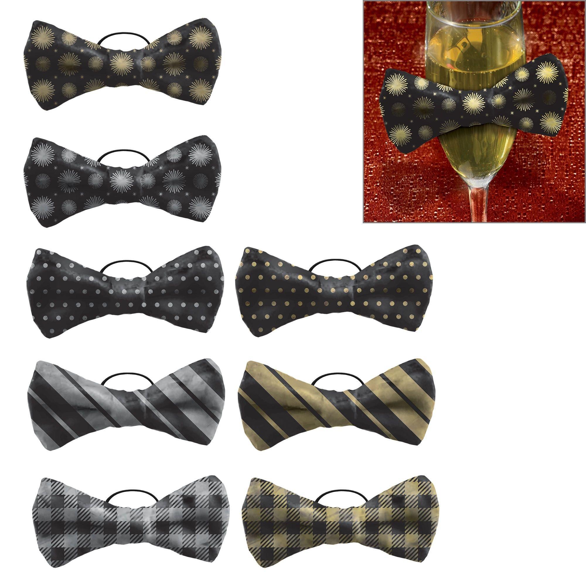 Gold & Silver Bow Tie Champagne Fabric Drink Markers, 3.5in x 1.5in, 8ct