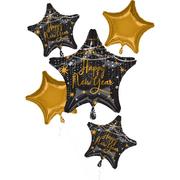 Black & Gold Midnight Hour New Year's Star Foil Balloon Bouquet, 5pc
