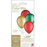25ct, 5in, Traditional Christmas 5-Color Mix Mini Latex Balloons - Gold, Green, Reds & White