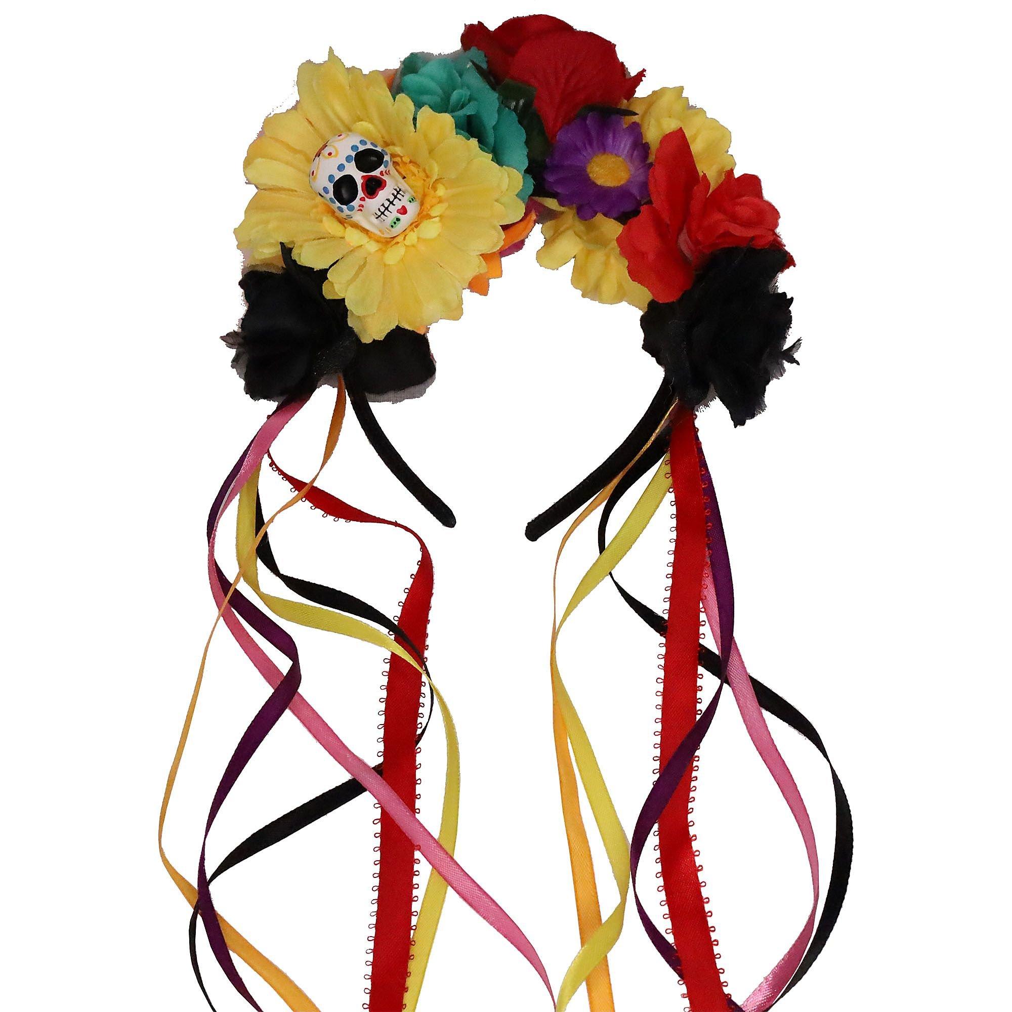 Multicolor Floral Day of the Dead Headband with Sugar Skull