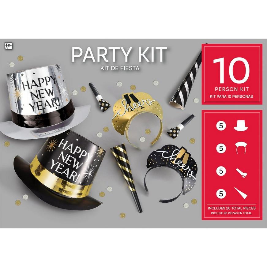 Kit for 10 - Black, Silver, & Gold Toast in Top Hats New Year's Eve Party Kit