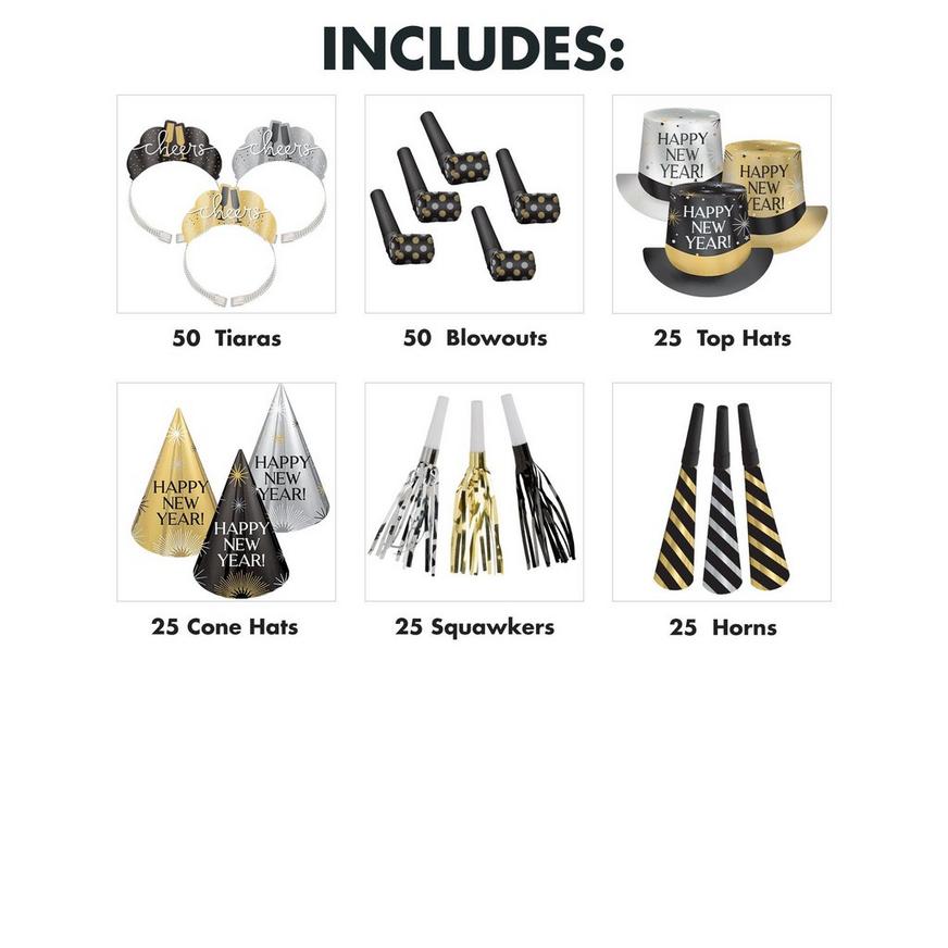 Kit for 100 - Black, Silver, & Gold Cheers New Year's Eve Party Kit, 200pc