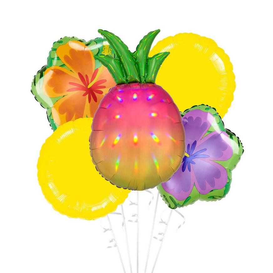 Pineapple Hibiscus Foil Balloon Bouquet, 5pc