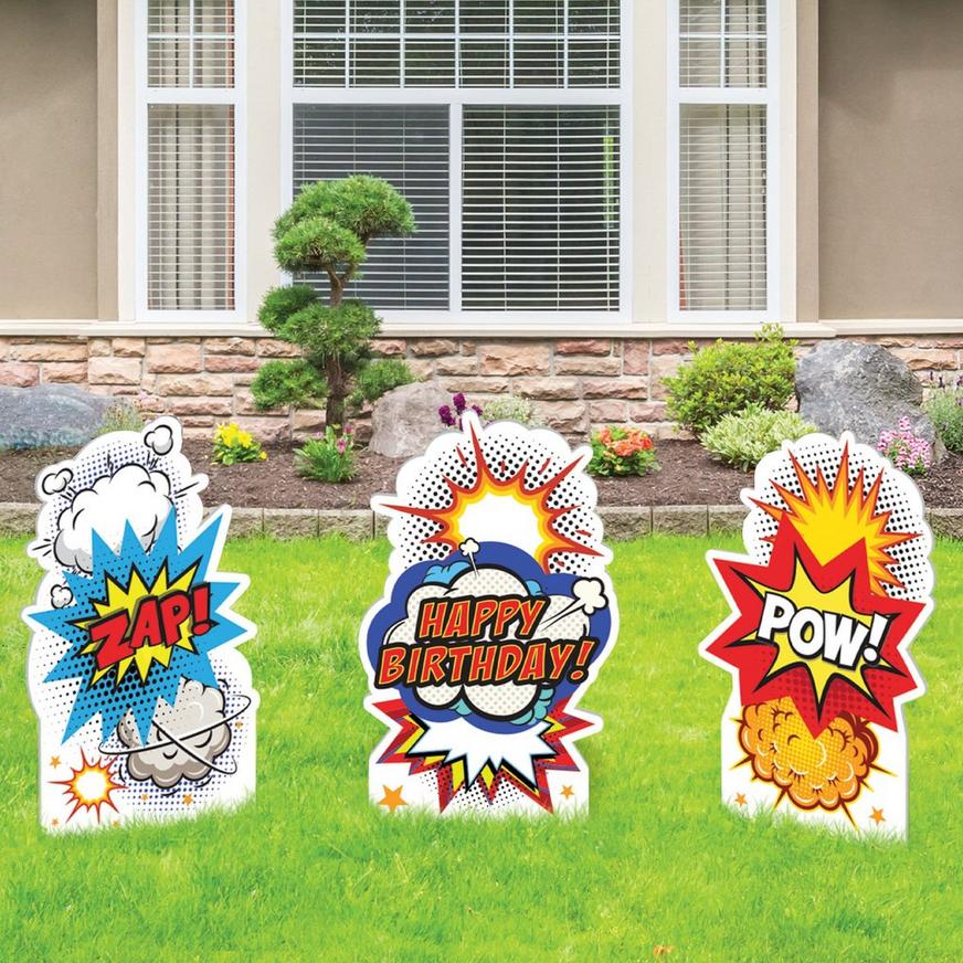 Superhero Action Birthday Corrugated Plastic Yard Sign Set, 16in x 24in, 3pc