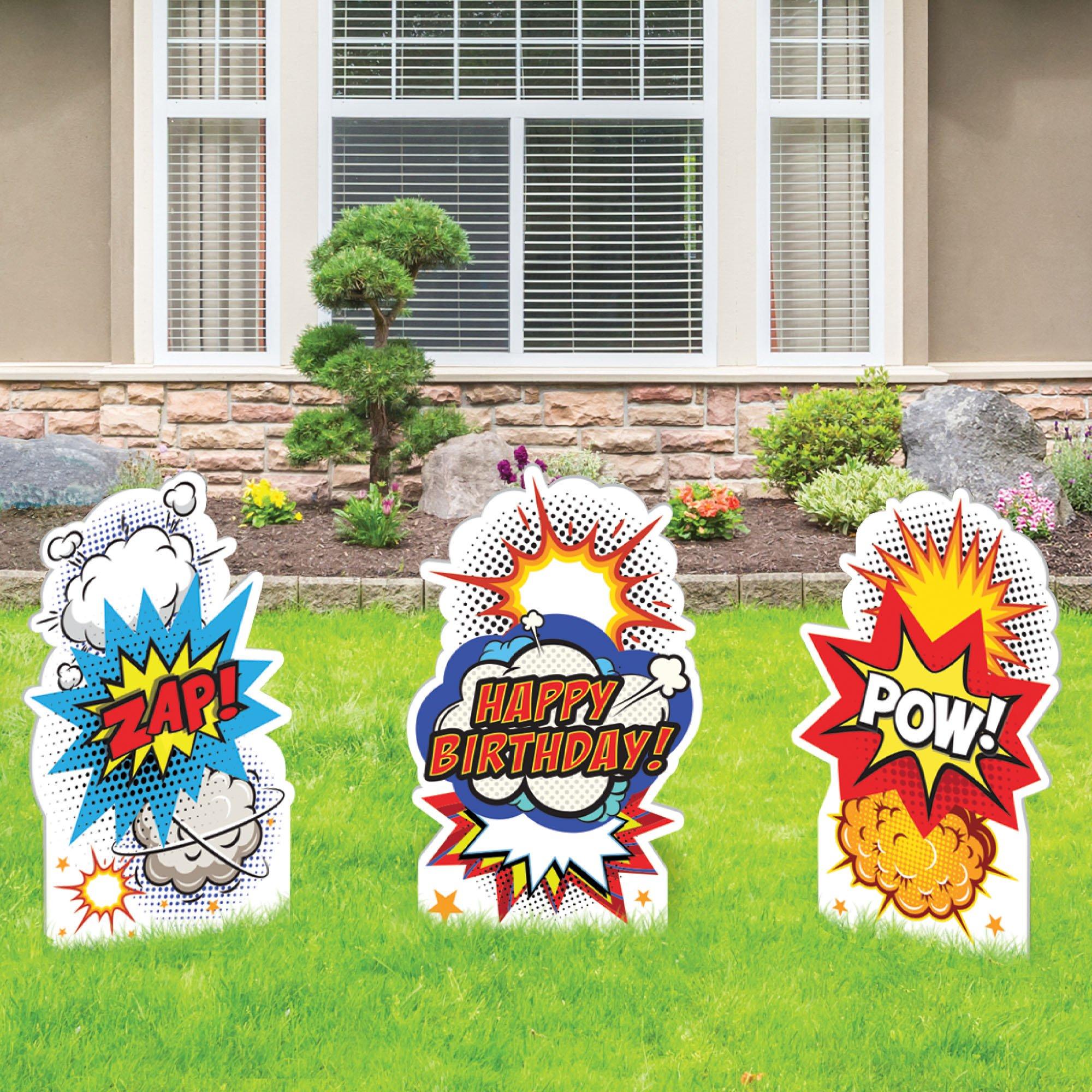 Superhero Action Birthday Corrugated Plastic Yard Sign Set, 16in x 24in, 3pc