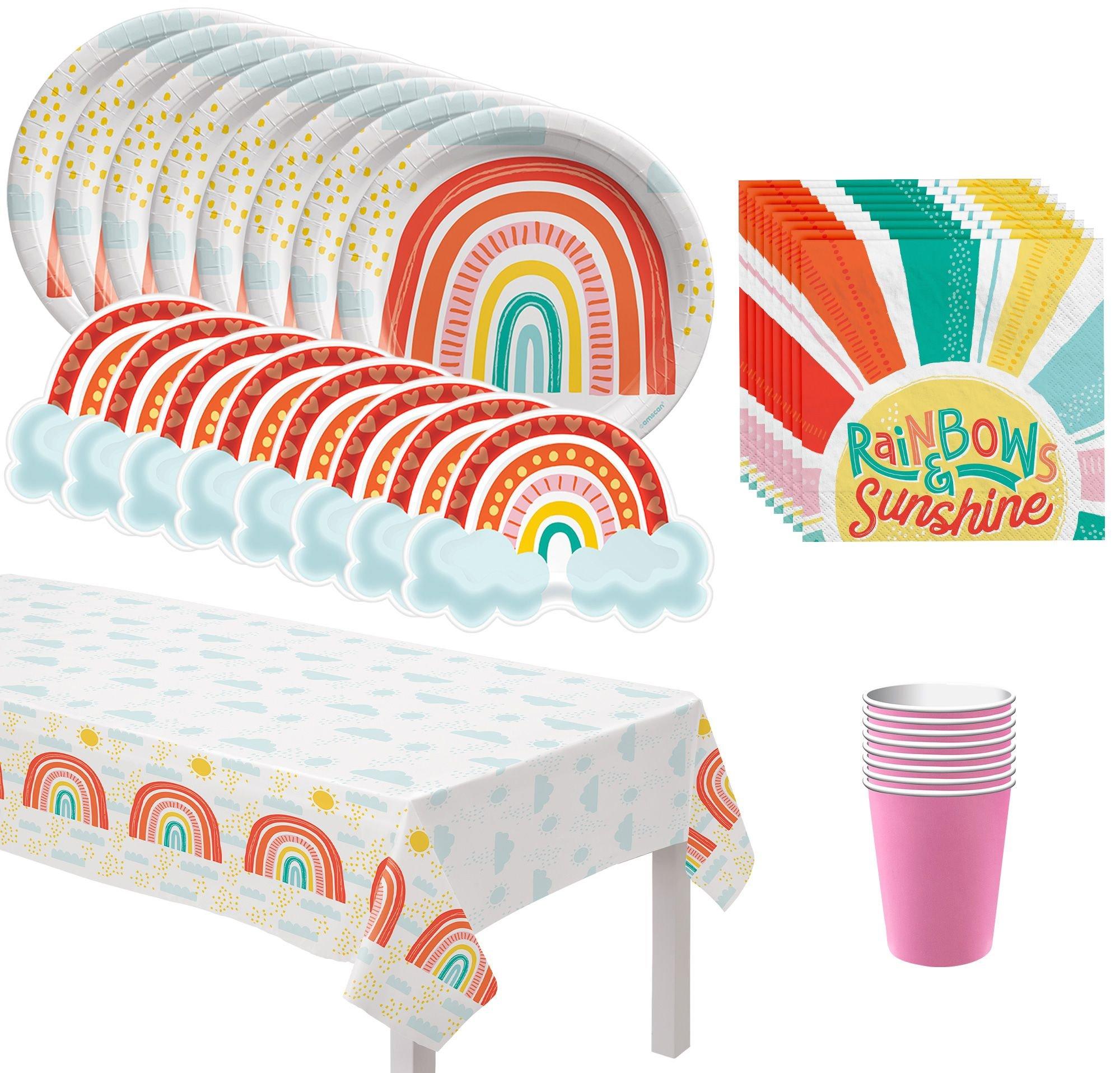 Retro Rainbow Party Supplies Pack for 8 Guests - Kit Includes Plates, Napkins, Cups & Table Cover