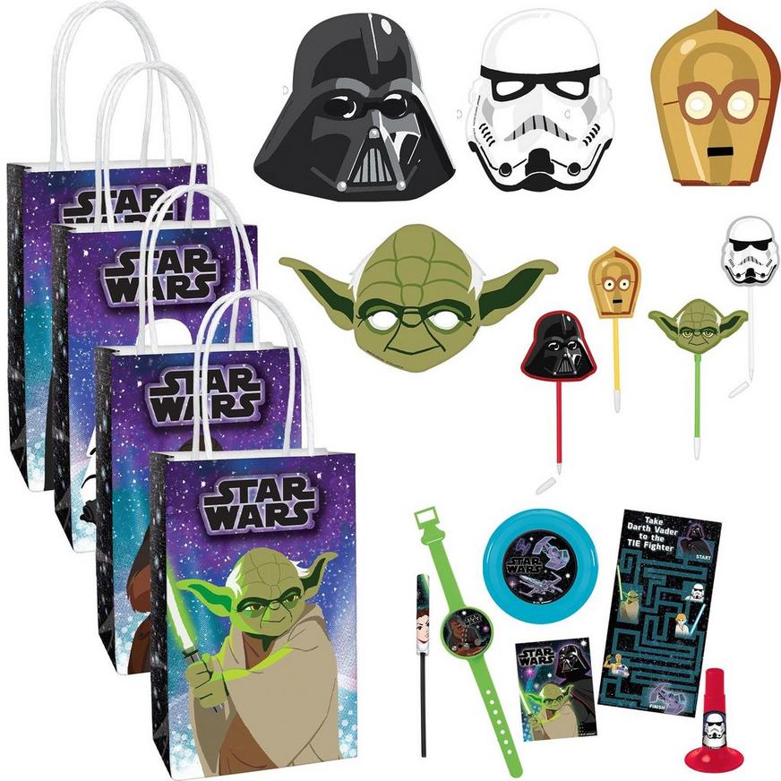 Send little Jedis home with Star Wars surprises with a Galaxy of Adventures  Party Favor Kit for 8 Guests. It has bags, masks, pens, and a favor pack. |  Party City