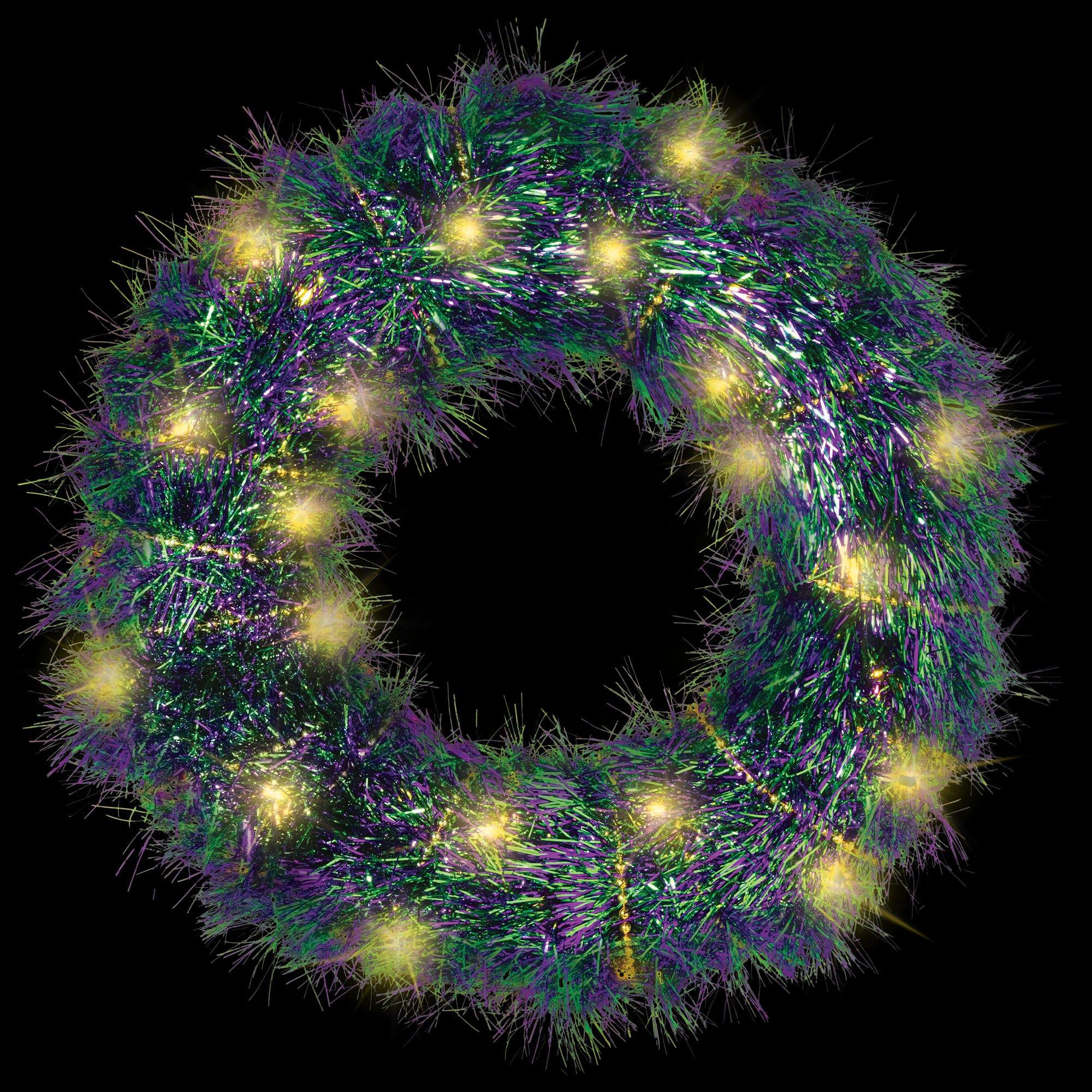 Light-Up Mardi Gras Tinsel Wreath, 17in