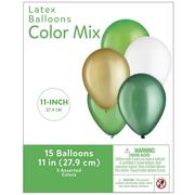 15ct, 11in, St. Patrick's Day 5-Color Mix Latex Balloons - Gold, Greens & White