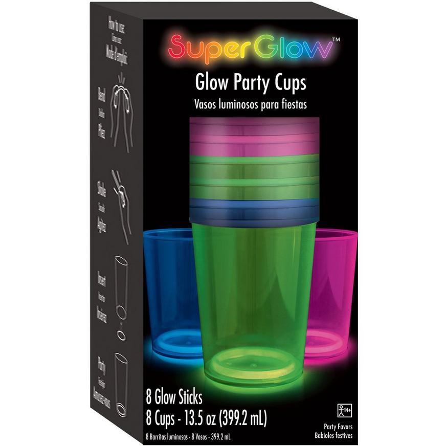 Blue, Green & Pink Plastic Party Cups with Glow Sticks, 13.5oz, 8ct - SuperGlow™