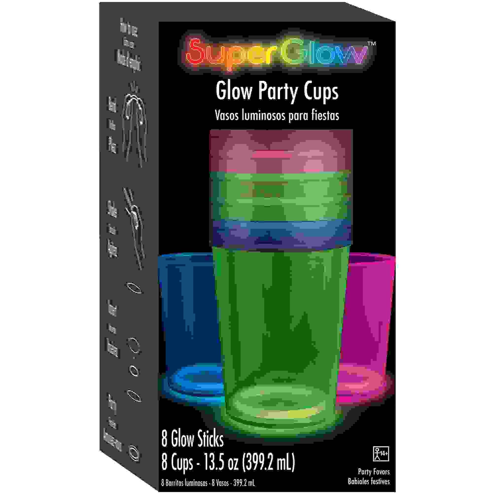 Blue, Green & Pink Plastic Party Cups with Glow Sticks, 13.5oz, 8ct -  SuperGlow™