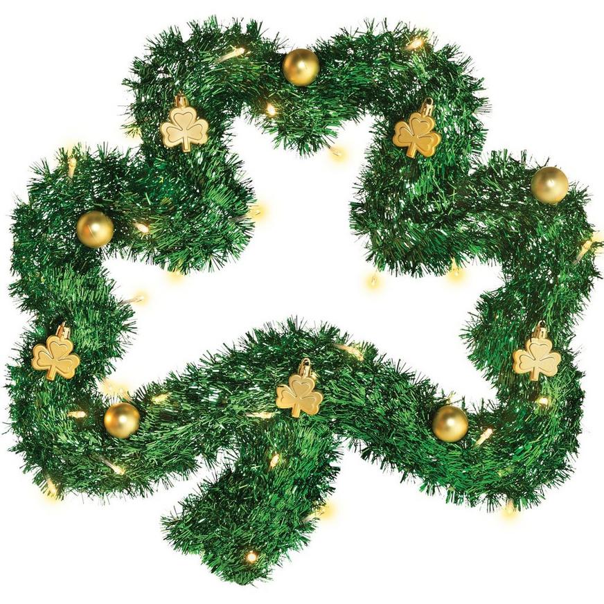 Light-Up St. Patrick's Day LED Tinsel Shamrock Wreath, 21.5in x 22in