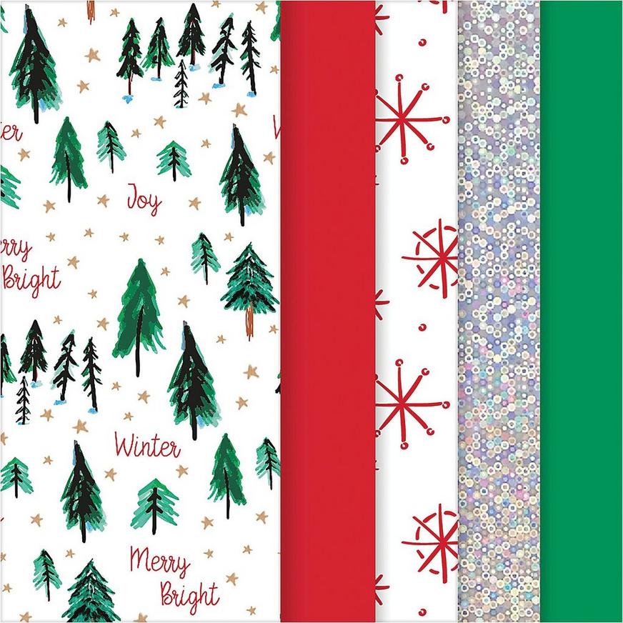 Assorted Red, Green & Silver Holiday Tissue Paper, 20in x 20in, 30 Sheets - Sequin, Solid, Star & Tree