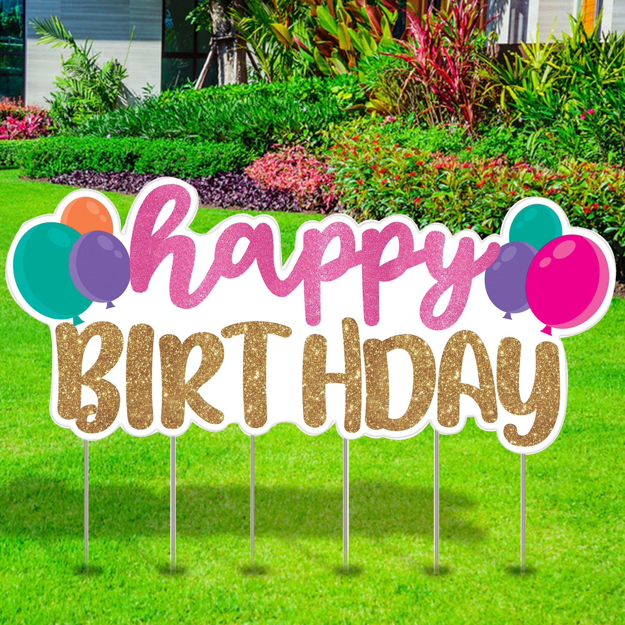 Gold & Pink Glitter Happy Birthday Corrugated Plastic Yard Sign, 67.6in x 30.7in