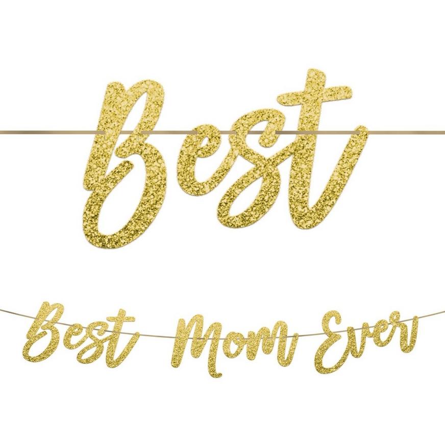 Glitter Gold Best Mom Cardstock & Ribbon Letter Banner, 12ft