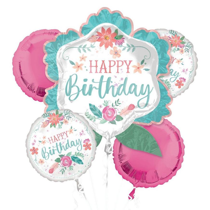Free Spirit Floral Birthday Foil & Plastic Balloon Bouquet, 8pc