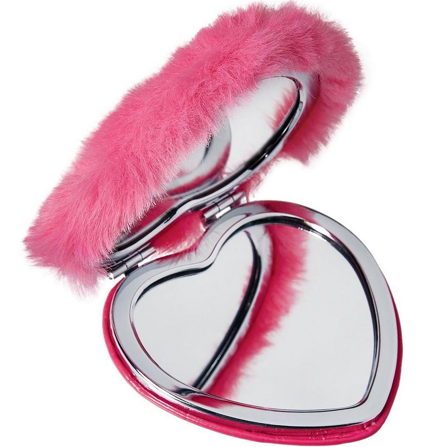 Pink Faux Fur Heart Compact Mirror, 2.9in x 2.7in
