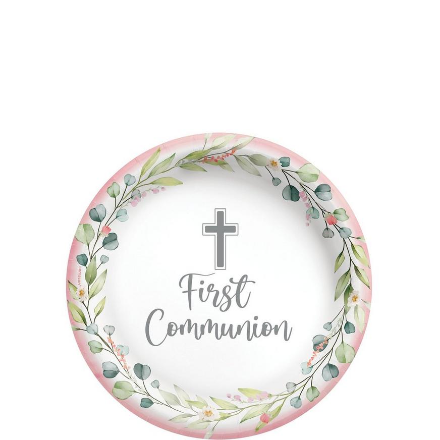 Pink My First Communion Paper Dessert Plates, 6.75in, 20ct