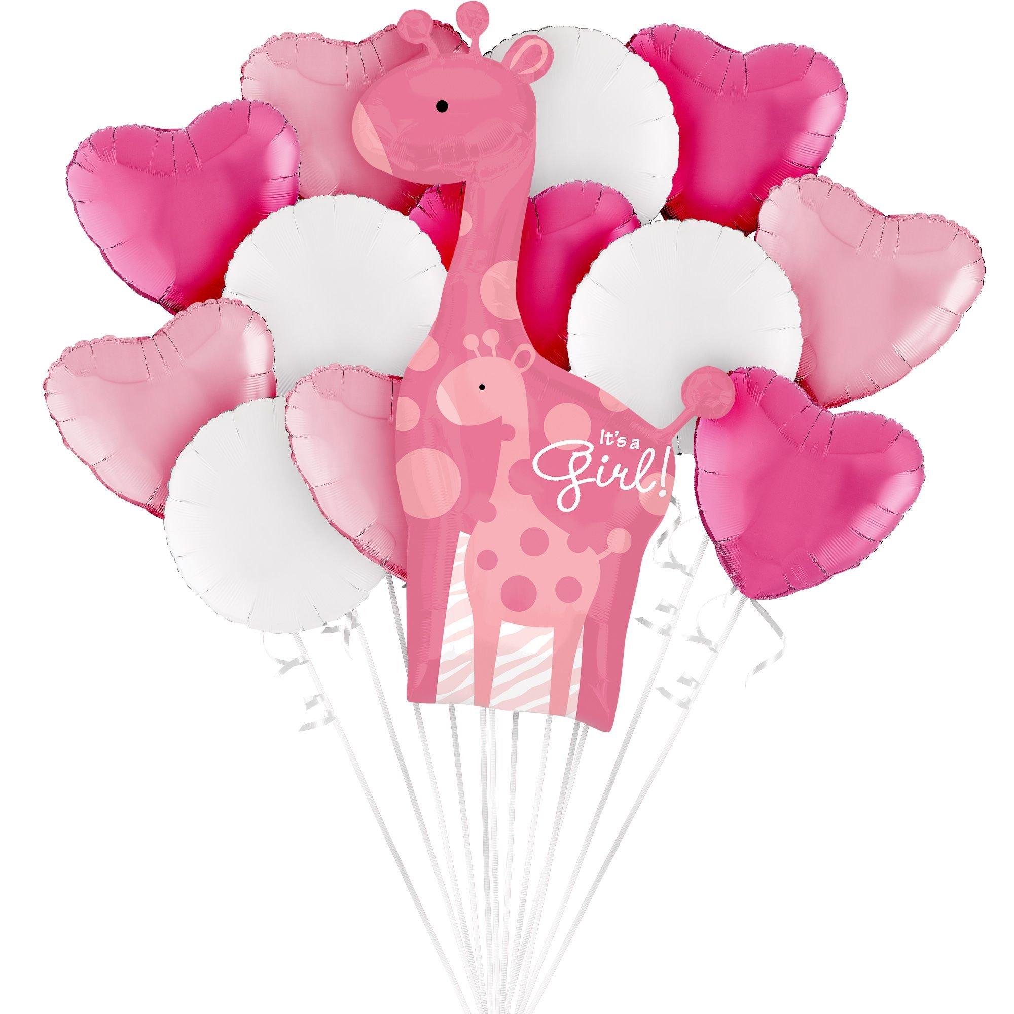 Pink Safari Giraffe It's a Girl Foil Balloon Bouquet, 13pc