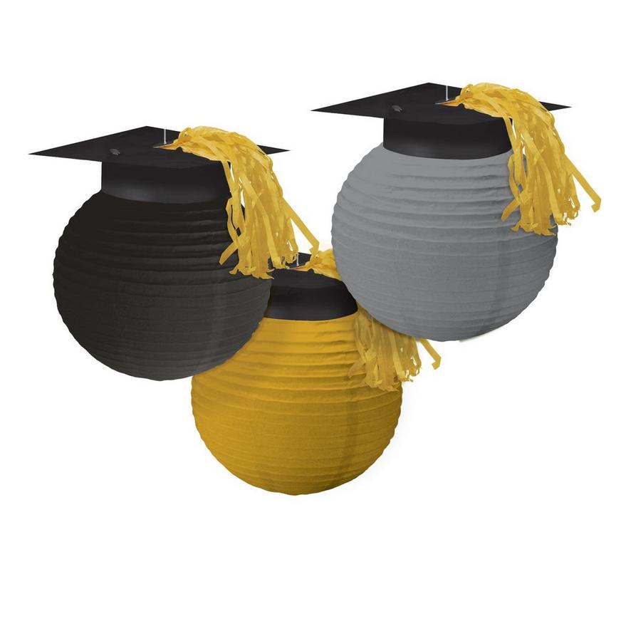 Black, Gold & Silver Grad Cap with Tassel Paper Lanterns, 9.5in, 3ct