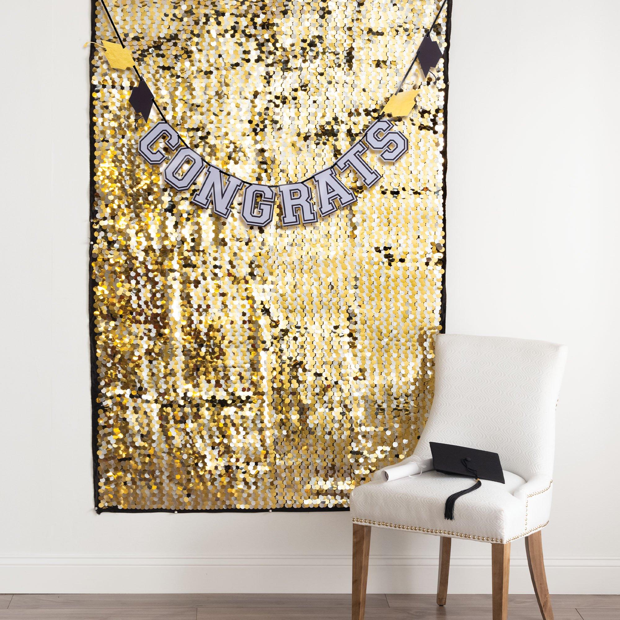 Metallic Gold & Silver Congrats Graduation Sequin Foil & Cardstock Backdrop Kit, 4ft x 6ft, 2pc