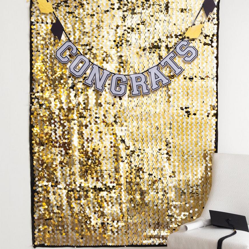 Metallic Gold & Silver Congrats Graduation Sequin Foil & Cardstock Backdrop Kit, 4ft x 6ft, 2pc
