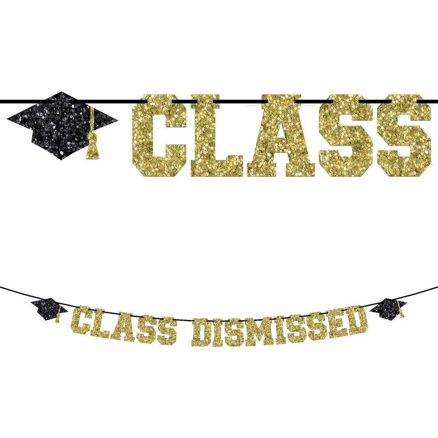 Glitter Gold Class Dismissed Graduation Cardstock & Ribbon Letter Banner, 12ft