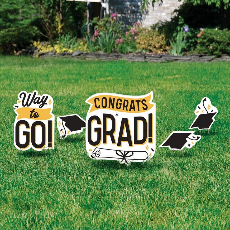 Black, White & Gold Congrats Grad Corrugated Plastic Yard Signs, 5ct