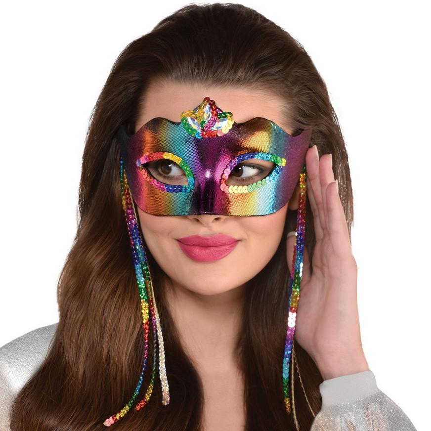 Sequined Rainbow Fabric Masquerade Mask, 7in x 3.2in