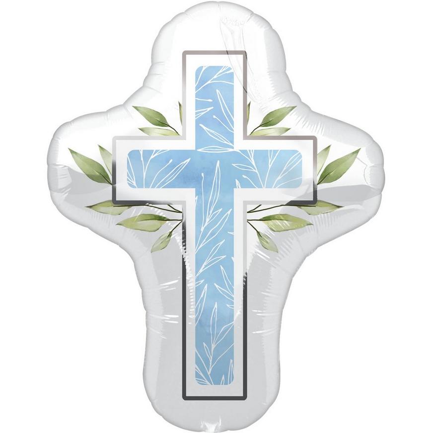 Blue Cross & Foliage Foil Balloon, 23in x 28in - My First Communion