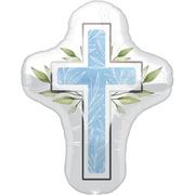 Blue Cross & Foliage Foil Balloon, 23in x 28in - My First Communion