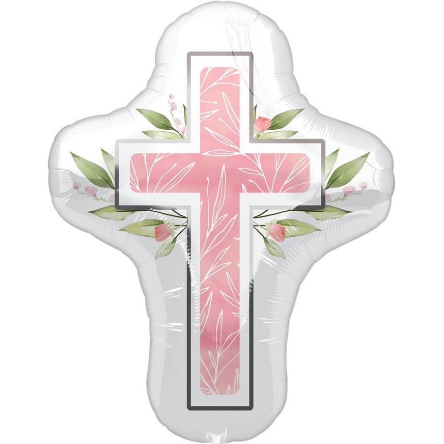 Pink Cross & Foliage Foil Balloon, 23in x 28in - My First Communion