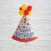 Multicolor Dots Happy Birthday Party Hat Foil Balloon, 37in x 26in, with Latex Balloons