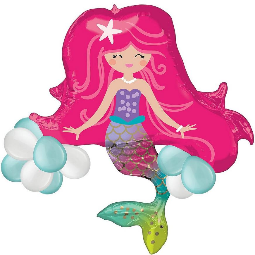 Smiling Mermaid Foil Balloon, 34in x 35.5in, with Latex Balloons