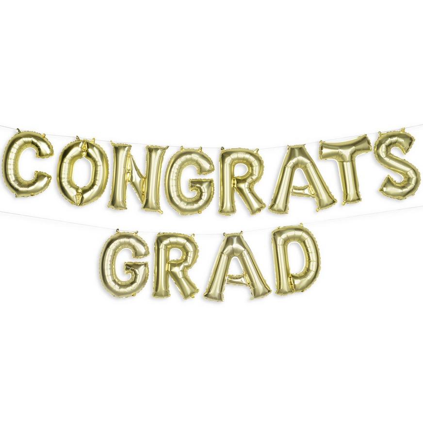 Air Filled Gold Congrats Grad Balloon Phrase Banner Kit, 16in Letters, 16pc