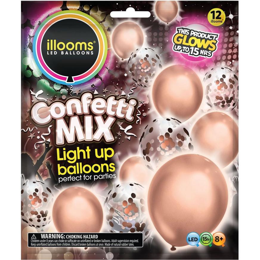 12ct, 12in, Illooms Light-Up Rose Gold Confetti & LED Balloons