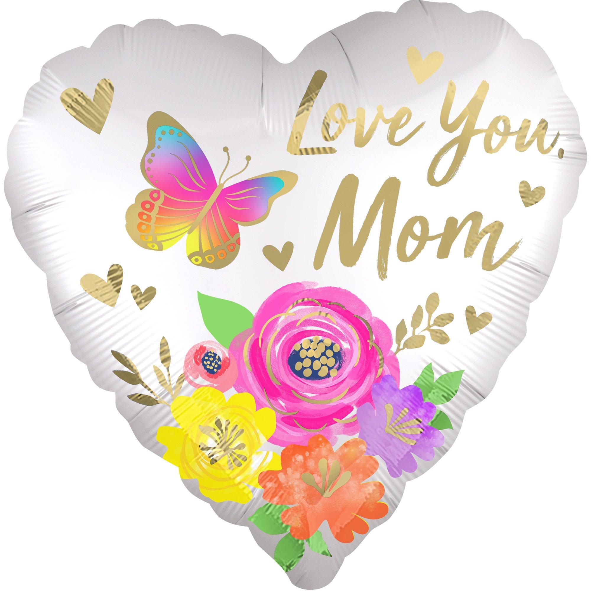 Satin Butterfly & Flowers Love You Mom Heart Foil Balloon