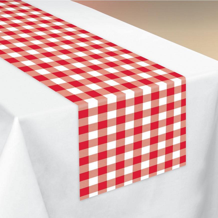 Red Gingham Paper Table Runner, 13ft x 27in