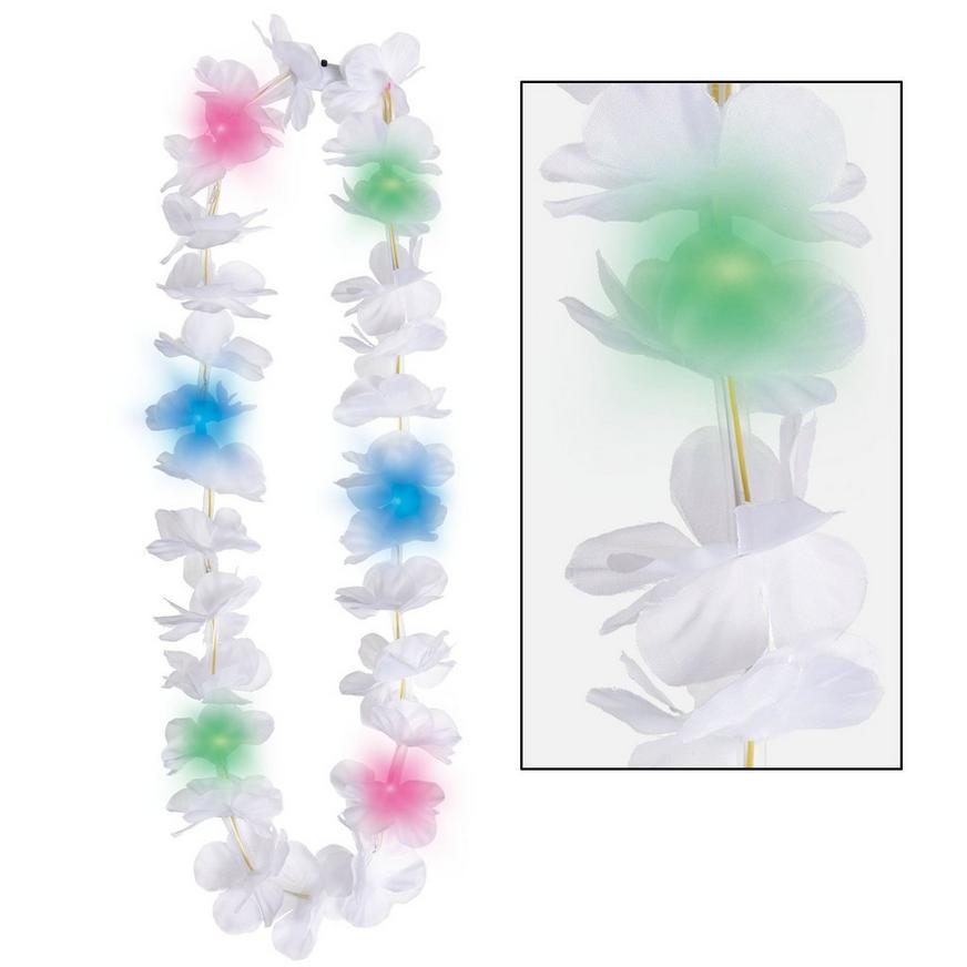 Light-Up White Fabric Flower Lei with Multicolor LEDs, 40in