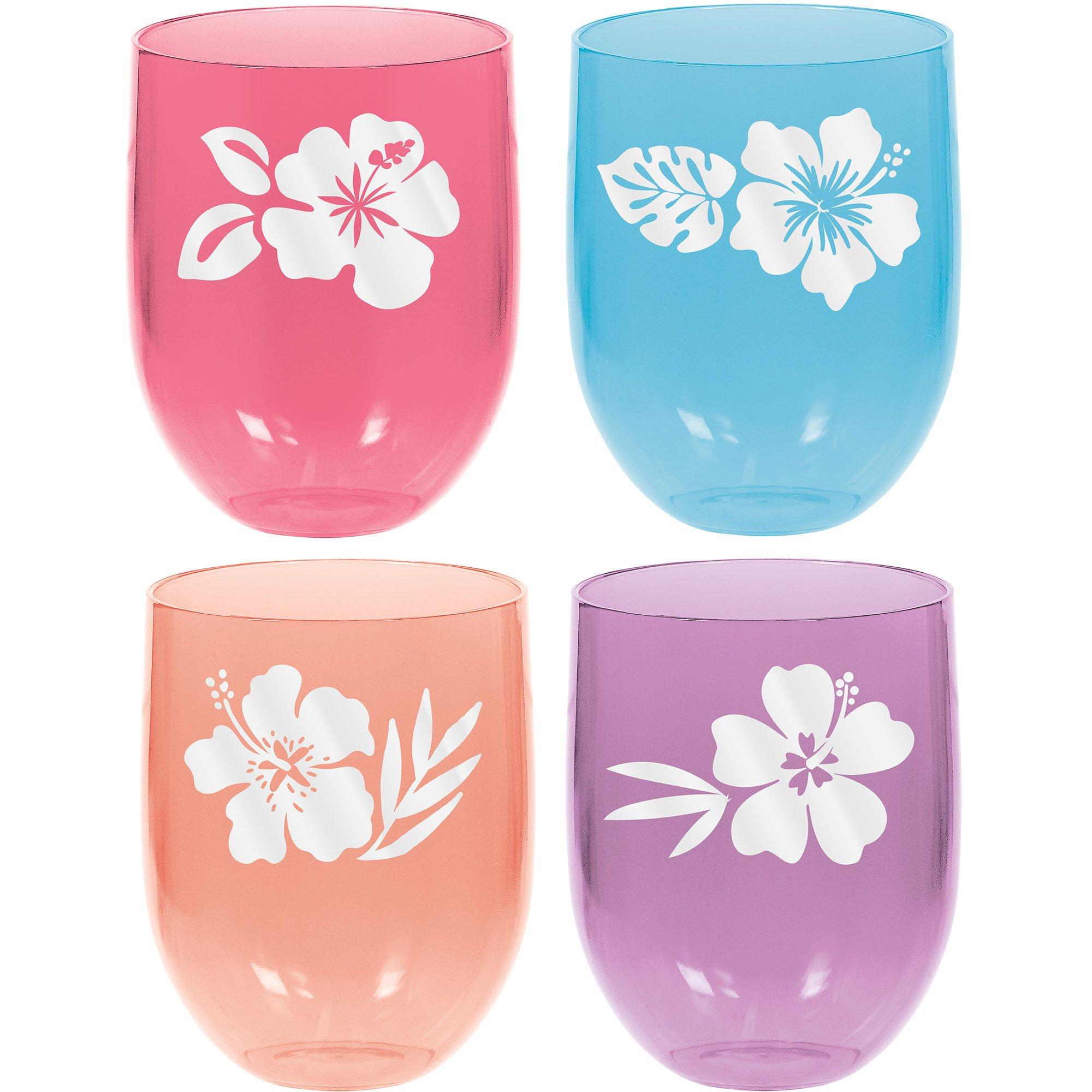 Multicolor Hibiscus Plastic Stemless Wine Glasses, 4ct Party City