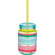 Summer Stripe Plastic Mason Jar Cup with Straw, 16oz