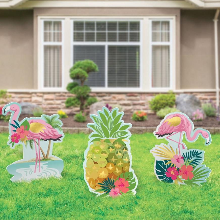 Flamingo & Pineapple Summer Luau Corrugated Plastic Yard Sign Set, 20.2in to 24.5in, 3pc