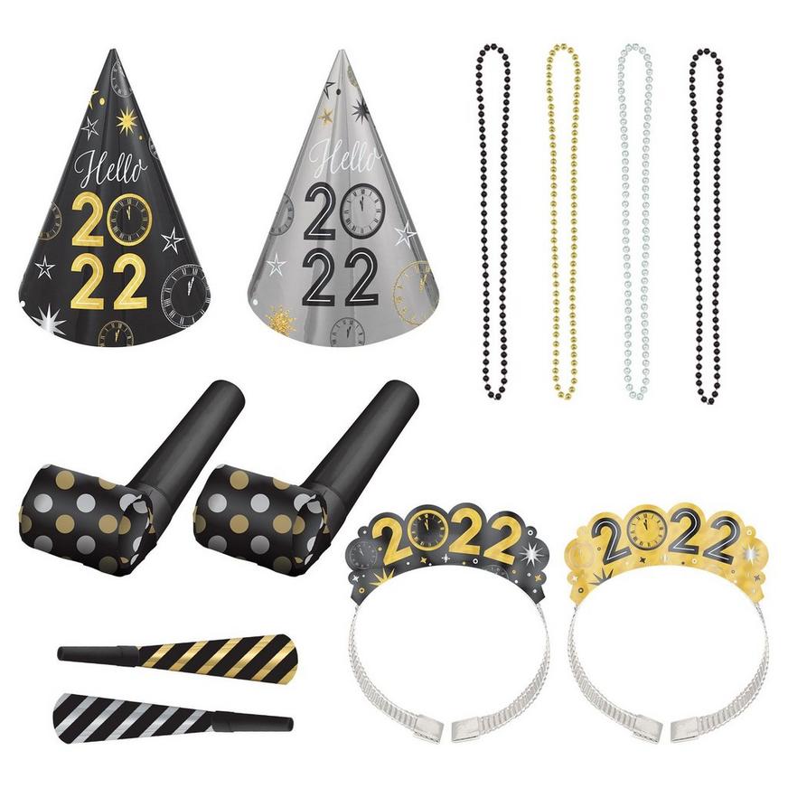 Black & Gold Champagne New Year's 2022 Accessory & Balloon Bouquet Kit for 4 Guests